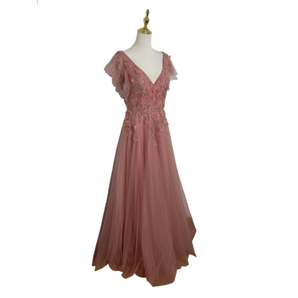 Mac Duggal 11224 Embellished Tulle Salmon Cap Sleeve Gown Size 10 $698 - Picture 5 of 7